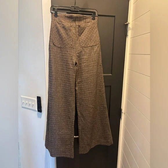 Anna Mason London Beau Trouser Wide Leg Pants Wool Tweed Plaid Check Brown Sz 4